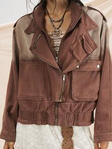 Easelle Women's Vintage Gradient Brown Denim Jacket,All Shades Of Brown,Autumn,Streetwear,Everyday Western Style Zipper Front Loose Drop Shoulder Outerwear - Brown - View 7