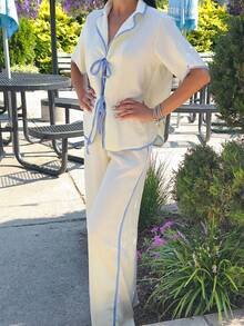 Carolina Barros Kontrast Saum Bindedetail Oversized Leinenoptik Hemd und Hose Sommer Urlaub Boho Ibiza Elegant Süß Haus Flughafen Outfit Herbst Nashville Süß Girly - Weiss - Übersicht 3