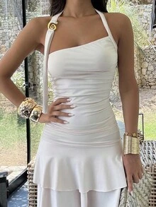 Ronhire New Hanging Necklace Spiral Gold Jewelry Design Waisted Slimming Tiered Mini Dress For Women - Apricot - View 3