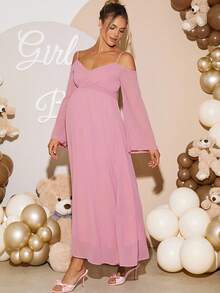 Loomaby 孕妇纯色露肩喇叭袖优雅连衣裙 - 粉色 - 查看 4