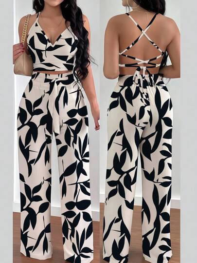 INAWLY Set de 2 piezas con top de tirantes sin espalda de cuello bajo informal y pantalones de pierna ancha para vacaciones