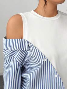 Elenzga Blusa Plus Size Elegante Minimalista Listrada Patchwork - Branco - Ver 7