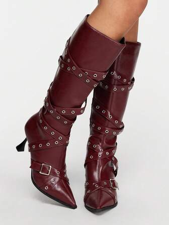 Grunge Punk Damen 2025 Herbst/Winter Neue Gothic Schnallengurt Spitze Zehen Mode Knie-Hohe Stiefel