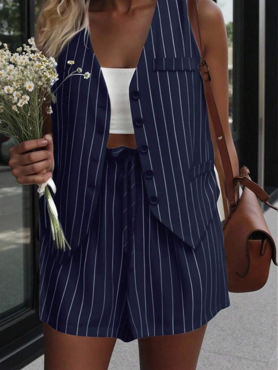 INAWLY 女士时尚休闲优雅浪漫条纹吊带背心和短裤两件套 - 藏蓝色 - 查看 1