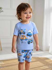 新生男婴可爱卡通汽车印花紧身 T 恤和短裤套装