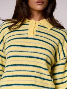 MUSERA Áo polo tay dài cổ bẻ cài nút, dáng rộng, kẻ sọc, dễ thương, thích hợp mặc mùa xuân, thường ngày, chủ nhật, áo oversized, đi sân bay, đi học, mùa đông, mặc hàng ngày, dự tiệc tối, thanh lịch, kỳ nghỉ xuân. - Màu vàng - Xem 2