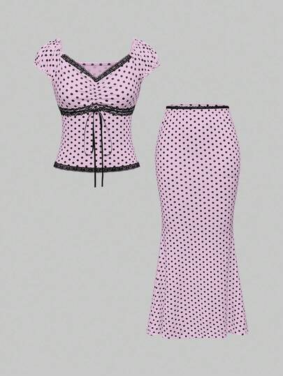 Kawaii 2pcs V-Neck Bowknot Decor Contrast Polka Dot Lace Patchwork Slim Fit Top And Skirt Set