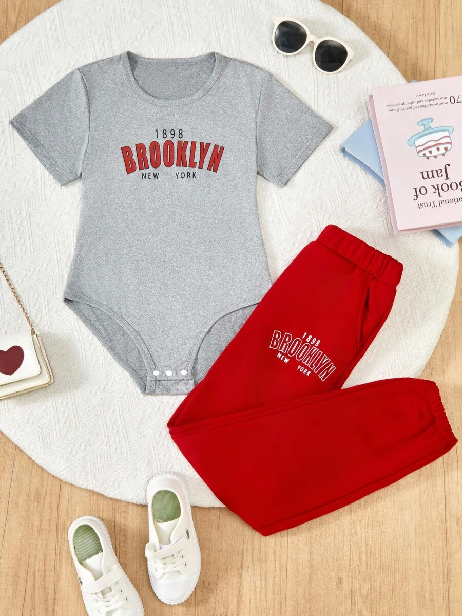 Tween Girl Letter Graphic Bodysuit & Sweatpants - Burgundy - View 1
