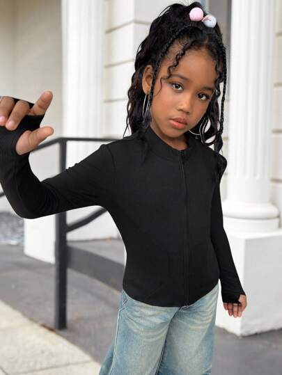 SHEIN Tween Girl Casual Fashionable Versatile Ribbed Solid Color Stand Collar Zip-Up Long Sleeve Fitted Jacket, Suitable For Weekend, Casual Outing, Back To School, Black Long Sleeve For Girls, Tween Girls Black Zip Up, Girls Black Ribbed Top,In Fall/Winter