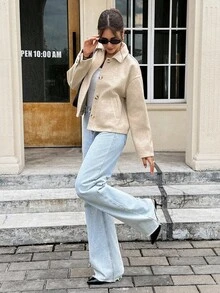 SHEIN Frenchy 女士休闲日常纽扣前开襟落肩外套，秋季 - 卡其色 - 查看 7