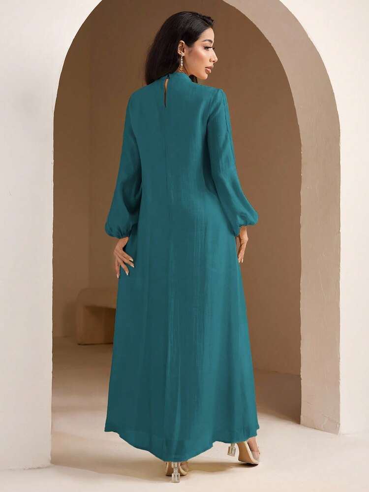 Veilorie Women's Elegant Floral Decor Stand Collar Lantern Sleeve Pleated Dress - Teal Blue - View 2
