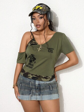 Grunge Punk Maglietta oversize da donna stile Y2K, grunge e retrò, con stampa di occhi, lettere e camouflage, con spalla obliqua