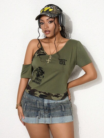 Grunge Punk Camiseta de mujer oversize con estampado de ojo, letra y camuflaje, corte oblicuo en los hombros, estilo retro y grunge Y2K