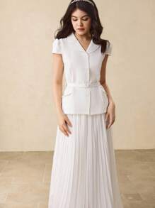 Elegant & Graceful White Short Lapel Button Chiffon Skirt Suit Set For Teen Girls - White - View 5