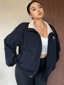 Dazy Plus 加厚保暖内衬撞色羊羔绒图案拉链宽松立领长袖外套，女士加大码，秋冬保暖内衬女式外套 - 藏蓝色 - 查看 7