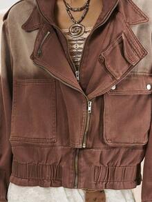 Easelle Women's Vintage Gradient Brown Denim Jacket,All Shades Of Brown,Autumn,Streetwear,Everyday Western Style Zipper Front Loose Drop Shoulder Outerwear - Brown - View 11