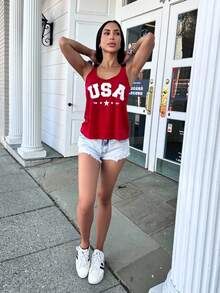 Carolina Barros Top de tanque para mujer en color rojo con estampado de letras - Rojo - Ver 1