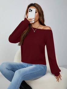 SHEIN PETITE 斜肩坑条纹套头衫女式毛衣 - 酒紅色 - 查看 7