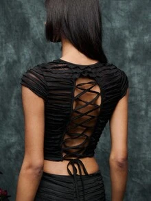 TypaGal This Black Textured Two Pieces Set Is A Bold Pick For Fall Clothes For Women With An Alternative Edge. The Fitted Crop Top And Shorts Combo Is Perfect For Winter Outfits For Women Styled Under Coats Or Cardigans, Or For The Gym As A Workout Set. Pair With Wide Leg Pants Or Layer For A Goth-Inspired Halloween Clothes Women Look. Ideal For Autumn Clothes Or Women's Fall Clothes Collections Seeking Unique Details. - Black - View 3