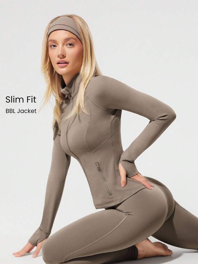 FeatherFit™ Slim-It Streamline Performance Secure Pockets Zip Up Long Sleeve Jacket Low Impact Yoga Pilates Daily Spring Summer