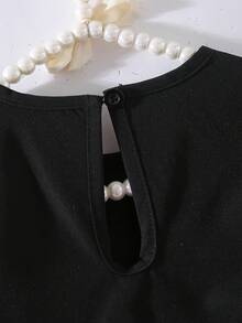 Robe courte ajustée à manches longues raglan, col rond, design nœud, style minimaliste décontracté pour tous les jours. Robe de rentrée scolaire, pour toutes les saisons - Noir - Voir 4