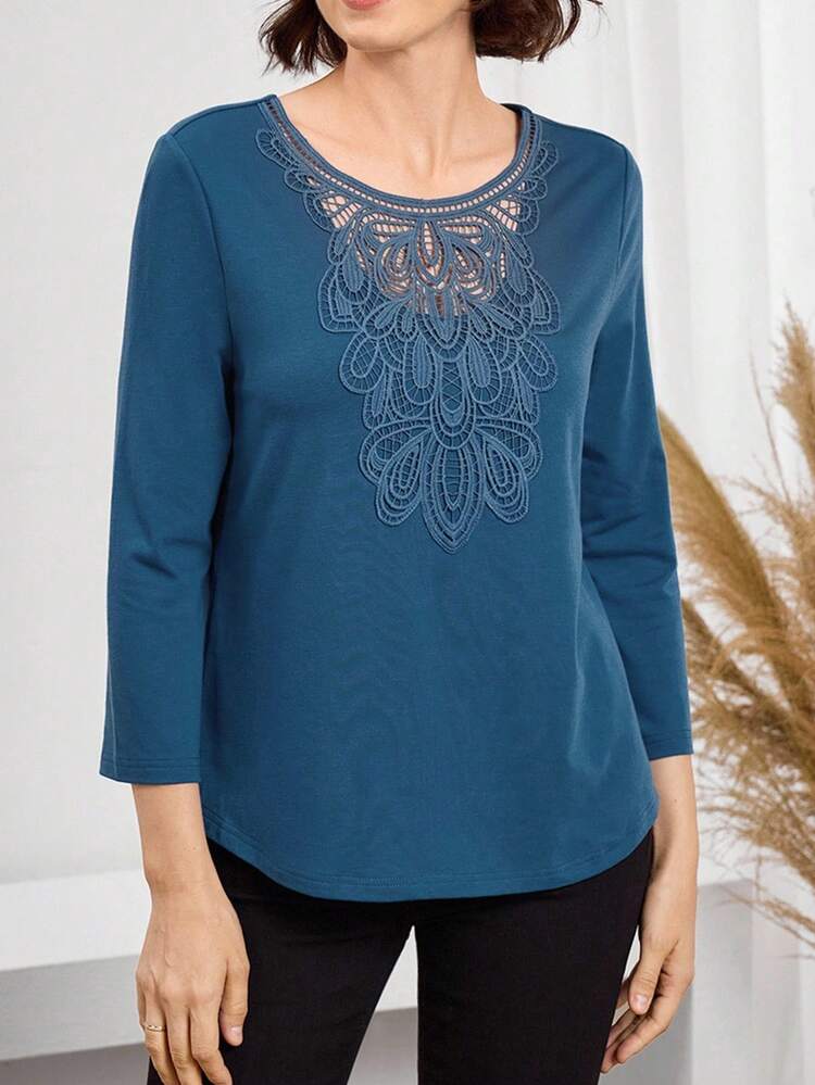 カスタマイズ軍グリーンレディースTシャツ フラワーカラー、カジュアルデイリー着用用ブルーレディースロングスリーブトップ ブルーレースレディーストップス カジュアルトップス 3/4袖トップ、秋レディース、カントリーレディース、ヴィンテージレディース、オールドマネースタイルレディース、ティーチャーTシャツ、外出用レディーストップス、ボヘミアン、レースロマンス