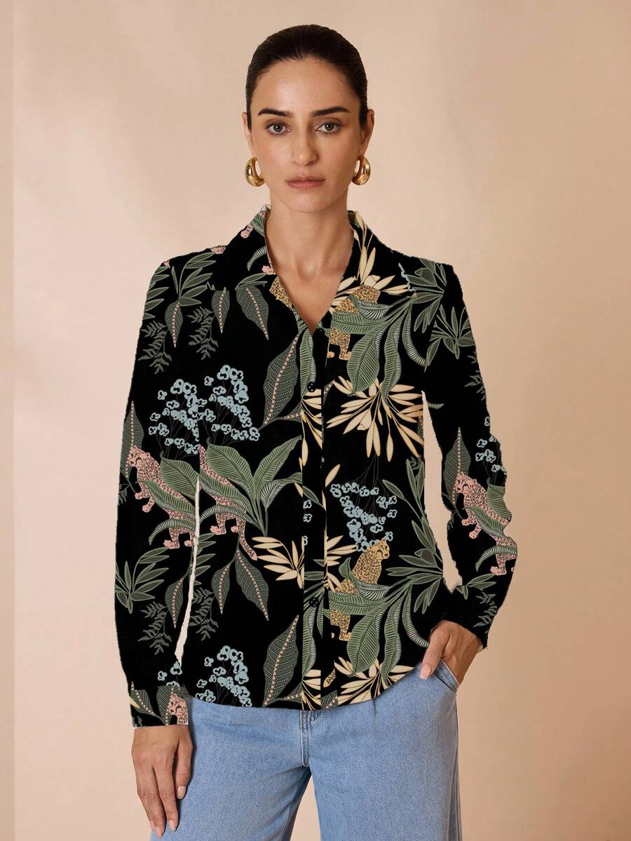 Glamance Joyce Ellen Black Floral Print Casual Elegant Modest Minimalist Women Long Sleeve Collared Shirt, Suitable For Daily, Work, Outing, Office, Travel, Teacher's Day, Bohemian, Autumn/Winter Leopard Print Blouse Tropical Print Blouse Women Print Blouse - Multicolor - View 1