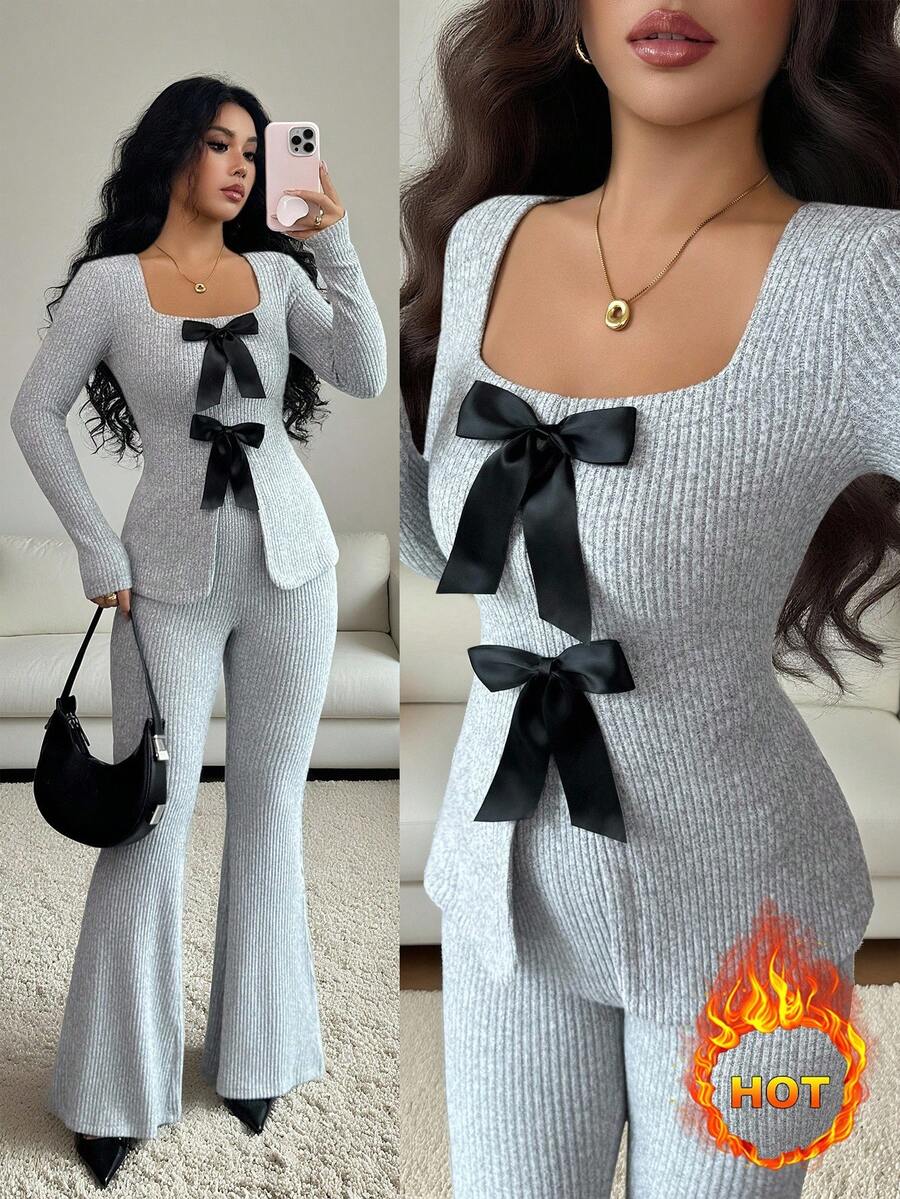 Elenzga 女士优雅蓬松罗纹针织蝴蝶结领长袖收腰上衣和喇叭裤两件套 - 灰色 - 查看 1
