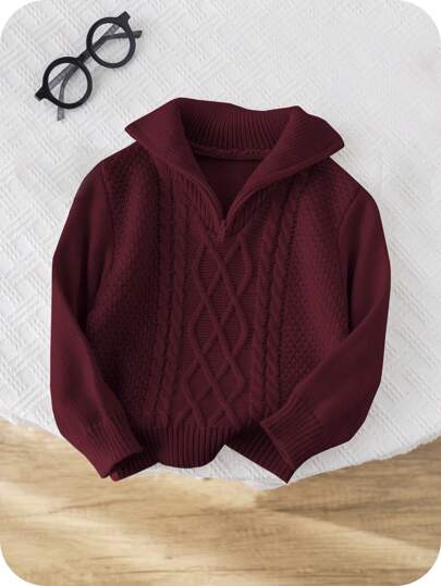 SHEIN Baby Boy/Girl Burgundy Autumn/Winter Collegiate Vintage Textured Intarsia Solid Color Knit Soft Mock Neck Zip-Up Long Sleeve Pullover Top, Soft & Comfortable For School, Home, Outings, New Year