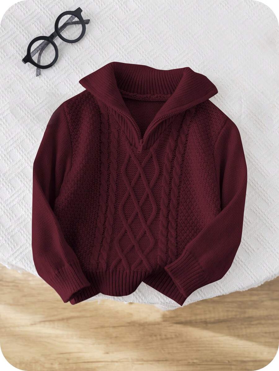 SHEIN 嬰兒男孩/女孩酒紅色秋季保守款家庭套裝復古紋理針織小立領拉鍊長袖套頭上衣,適合冬季上學與新年穿著 - 酒紅色 - 查看 1