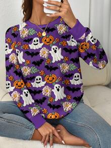 EMERY ROSE Sweat-shirt-shirt à manches raglan avec imprimé graphique de fantôme violet, citrouille et chauve-souris, grande taille - Multicolore - Voir 3
