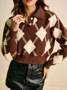Poéselle Pulover damă maro în carouri, cu guler polo, ajustat în talie, pulover retro american, tricotat moale, călduros și confortabil, pulovere de iarnă pentru femei, pulover maro, simplu și elegant, potrivit pentru purtare zilnică, ieșiri în oraș, naveta, toamnă/iarnă - Maro - Vizualizare 5