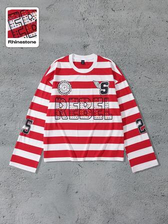 Street Life Herren Glitzer Diamant verziertes gestreiftes Langarm T-Shirt, locker geschnittener Crop-Fit, für den Herbst