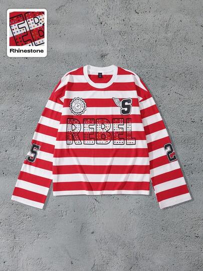 Street Life Men's Glitter Diamond Crafted Striped Long Sleeve T-Shirt, Loose Cropped Fit, For Fall