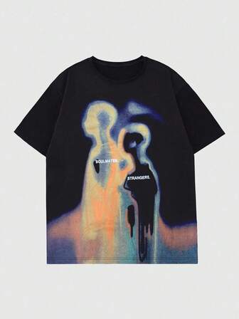 Street Life Retro Streetwear Silhouette & Thermal Imaging Print Short Sleeve T-Shirt, Summer