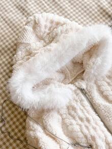 青少年女孩毛绒长袖拉链休闲连帽夹克