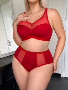 SHEIN 2PCS Casual Comfy Compression Bra And Panty Set In Plain Red Mesh Design Red Lingerie Set Red Bra And Panty Set Lingerie Set Red Red Underwear Set - Red - View 5