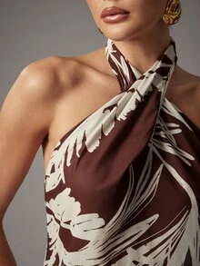 Hauture Sexy Summer Daytime Vacation Simple Boho Printed Linen Cross Halter Mini Dress - Brown - View 2