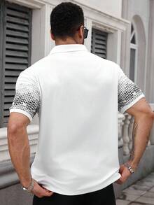 Manfinity Homme 1pc Men's Geometric Print Short Sleeve Polo Shirt,Black N White Summer Casual Golf Top,Eye-Catching Pattern,Business Daily Wear Gift For Husband - White - View 2