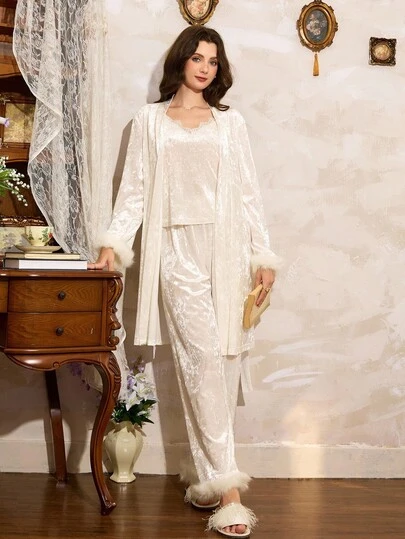  Côtesoire 法式优雅纯色天鹅绒拼布流苏优雅法式奢华皇室，秋冬天鹅绒 3 件套睡衣套装，秋季衣服