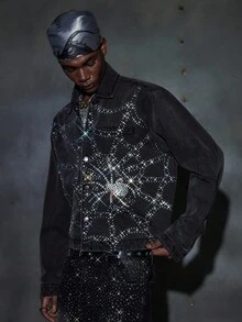 NEON BLANC Men's Black Spider Web Rhinestone Embellished Denim Shirt, Long Sleeve Top - Black - View 4
