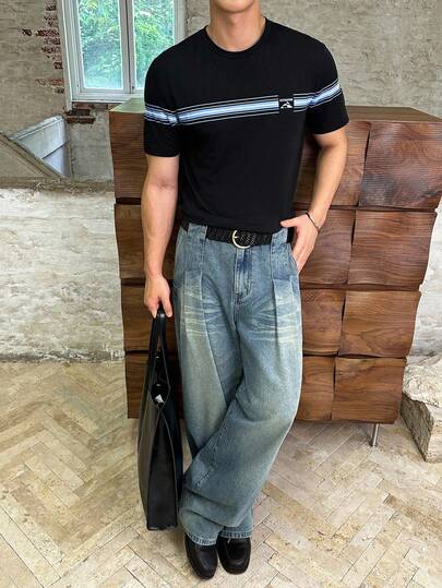 ESTAVOR Camiseta de manga corta de cuello redondo con bloques de color y rayas, casual de verano para hombres