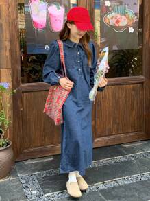 DAZY 宽松休闲彼得潘领牛仔A字长裙，适合秋季少女