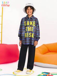 SHEIN 青少年男孩数码印花格子休闲宽松梭织短袖衬衫 - 藍色 - 查看 7