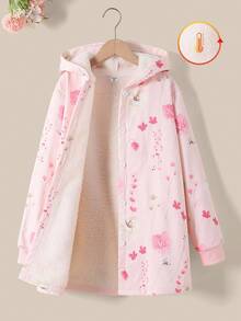 SHEIN Vintaside Kids Áo khoác ấm dài vừa có mũ trùm đầu bằng vải nhung dày họa tiết hoa cổ điển dành cho bé gái tuổi teen, mùa thu/đông, ngày lễ, mùa hè, du lịch - Hồng - Xem 1