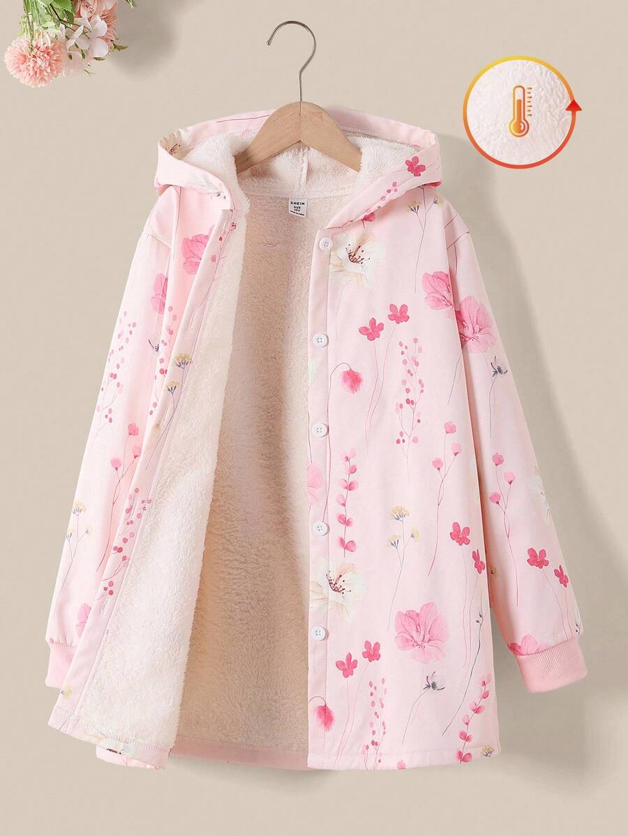 SHEIN Vintaside Kids Áo khoác ấm dài vừa có mũ trùm đầu bằng vải nhung dày họa tiết hoa cổ điển dành cho bé gái tuổi teen, mùa thu/đông, ngày lễ, mùa hè, du lịch - Hồng - Xem 1