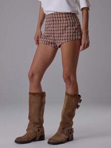 MUSERA 格纹条纹修身迷你短裤 夏季街头风 Y2K 酷女孩 海滩 西部 城市 缪斯 度假 纳什维尔 冬季 - 棕色 - 查看 5