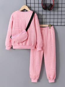 SHEIN 3pcs/Set Tween Boy Letter Textured Sweatshirt, Sweatpants And Backpack Set (Can Be Sold Separately) Fall Winter - Pink - View 2