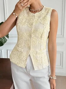 SHEIN Frenchy Women's Bright Yellow Summer Elegant Tea Party Round Neck 3D Floral Single-Breasted Vest Jacket,European Retro Heavy Industry Chic Autumn Business - Apricot - View 8