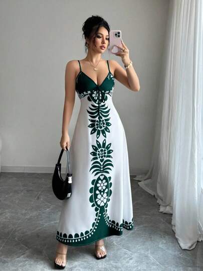 Breezaya Vestido suelto con escote en V y tirantes finos con estampado